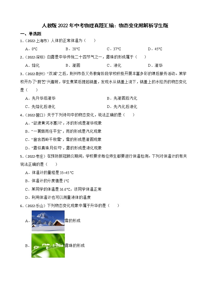 人教版2022年中考物理真题汇编：物态变化附解析01