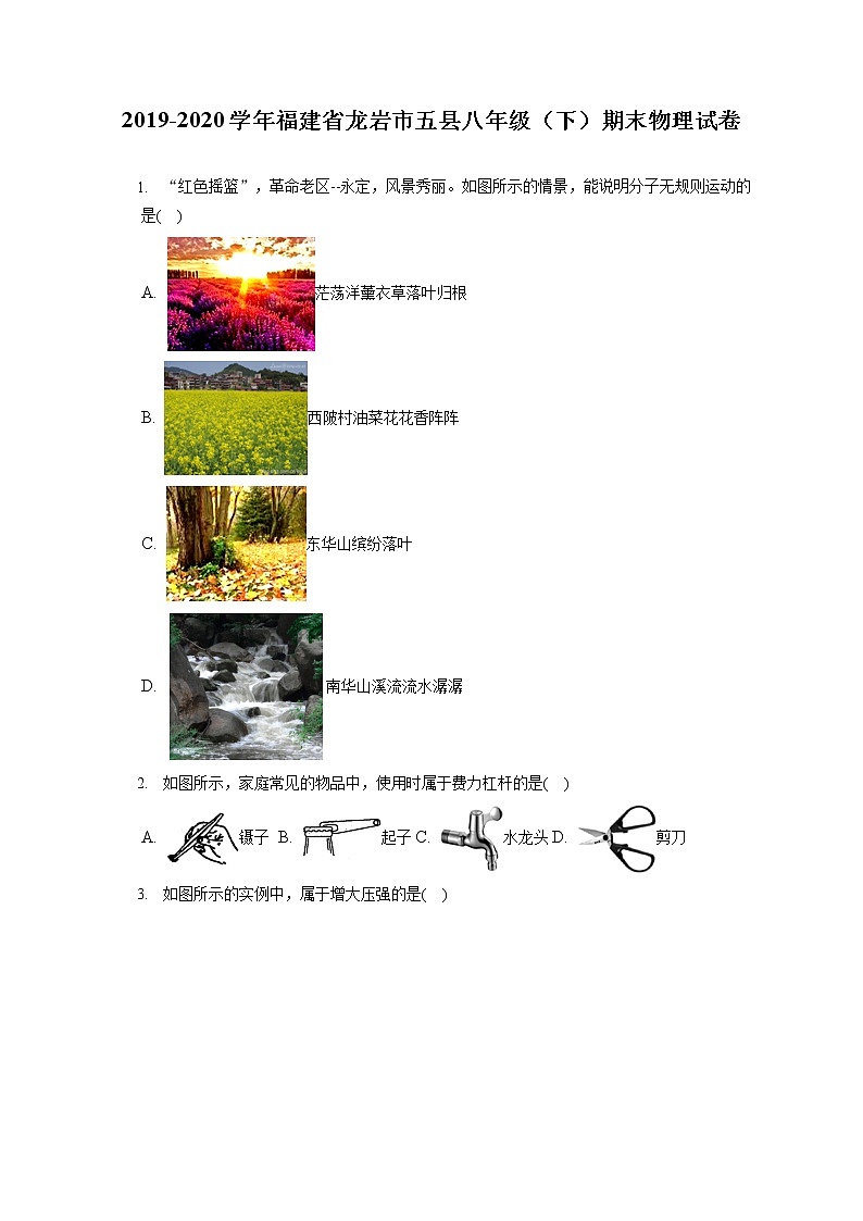 福建省龙岩市五县2019-2020学年八年级下学期期末物理试题第1页