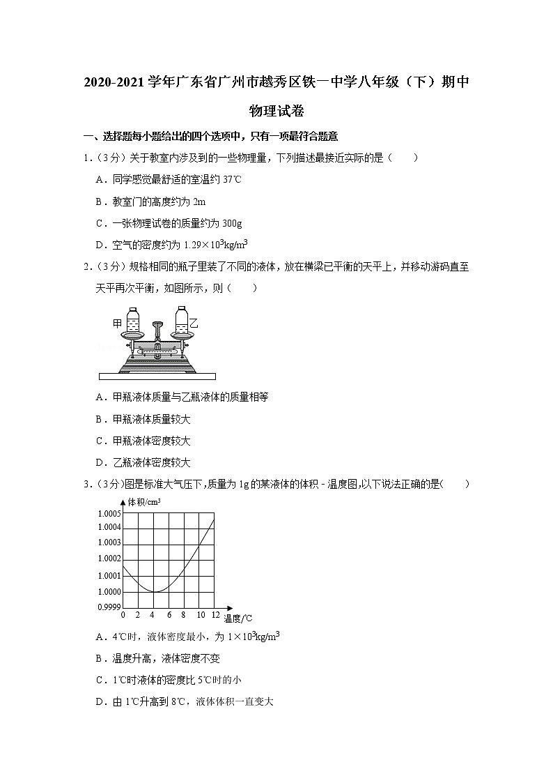 广东省广州市越秀区铁一中学2020-2021学年八年级下学期期中物理试题第1页