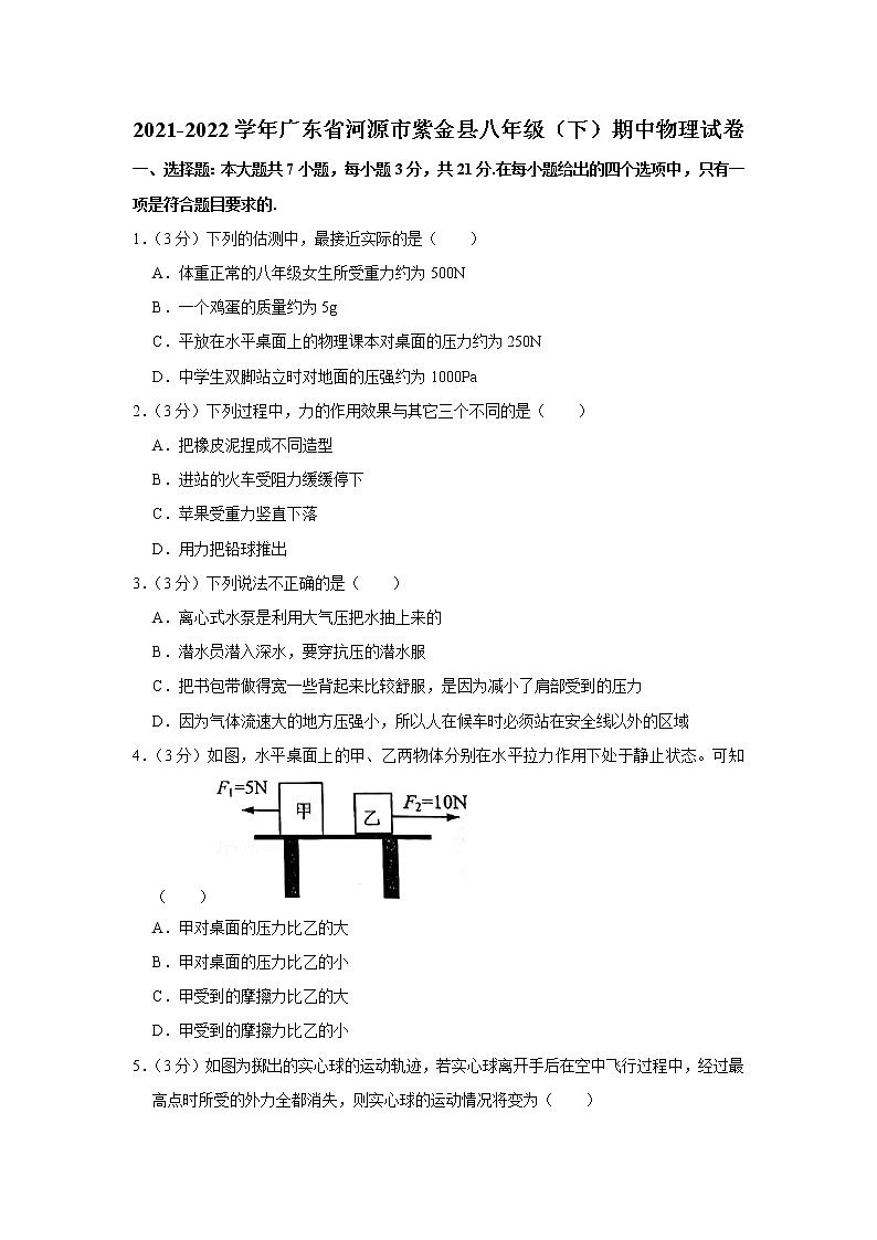 广东省河源市紫金县2021-2022学年八年级下学期期中物理试题第1页