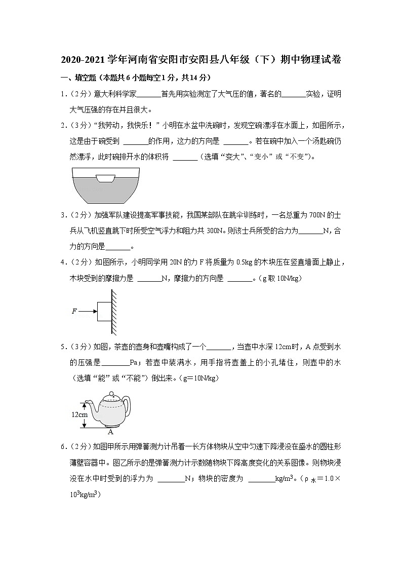 河南省安阳市安阳县2020-2021学年八年级下学期期中物理试题第1页