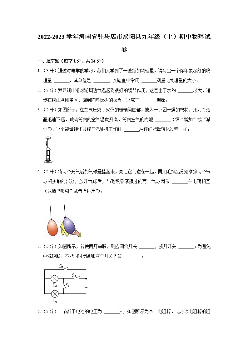 河南省驻马店市泌阳县2022-2023学年九年级上学期期中物理试题01