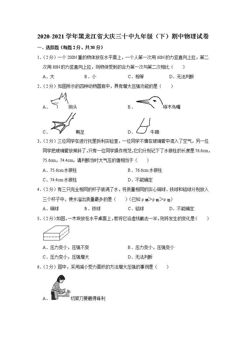 黑龙江省大庆三十中2020-2021学年九年级下学期期中物理试题第1页