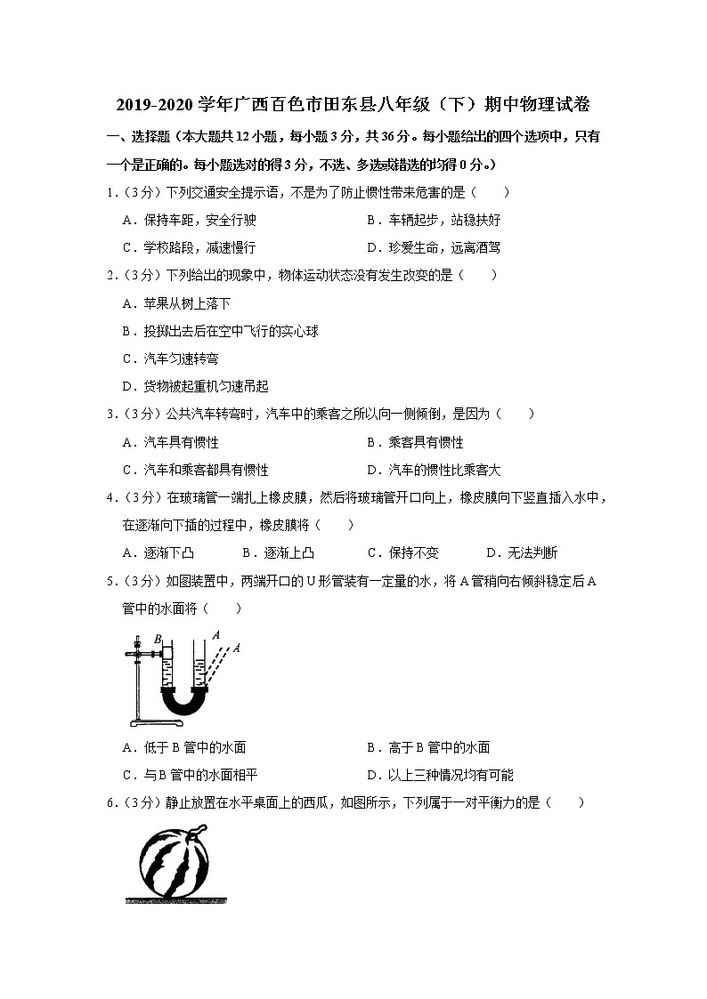 广西百色市田东县2019-2020学年八年级下学期期中物理试题01