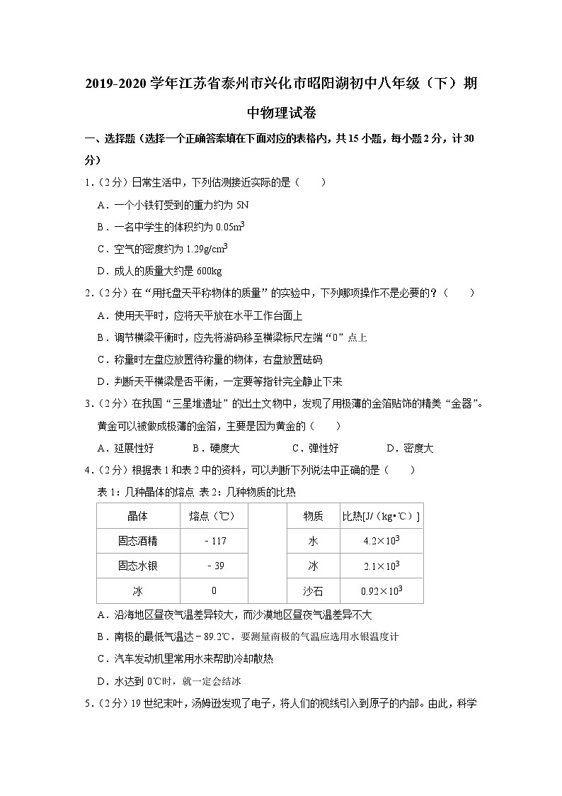 江苏省泰州市兴化市昭阳湖初中2019-2020学年八年级下学期期中物理试题第1页
