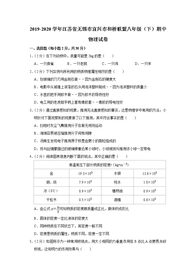 江苏省无锡市宜兴市和桥联盟2019-2020学年八年级下学期期中物理试题01