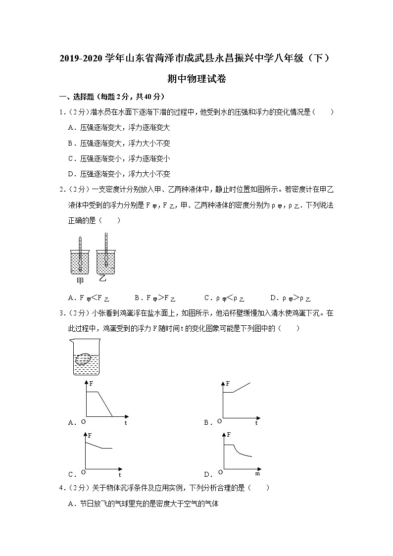 山东省菏泽市成武县永昌振兴中学2019-2020学年八年级下学期期中物理试题第1页