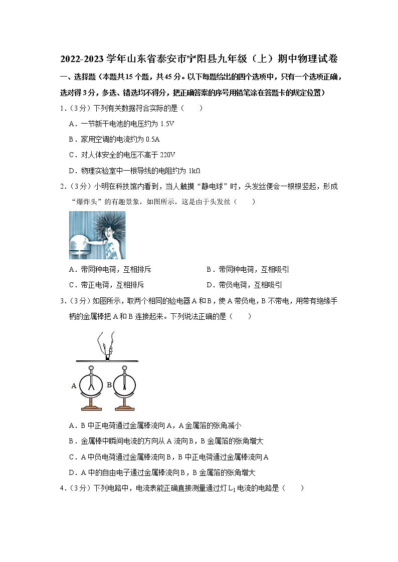 山东省泰安市宁阳县2022-2023学年九年级上学期期中物理试题01