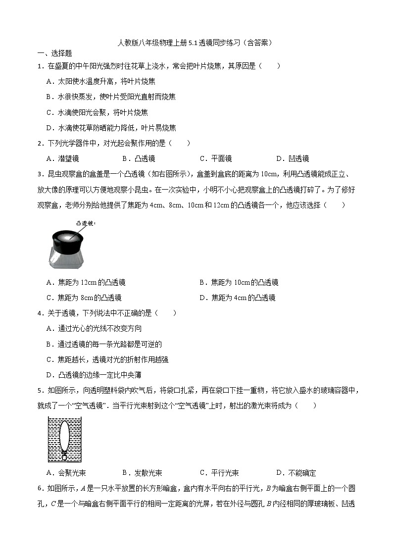 人教版八年级物理上册5.1透镜同步练习（含答案）第1页
