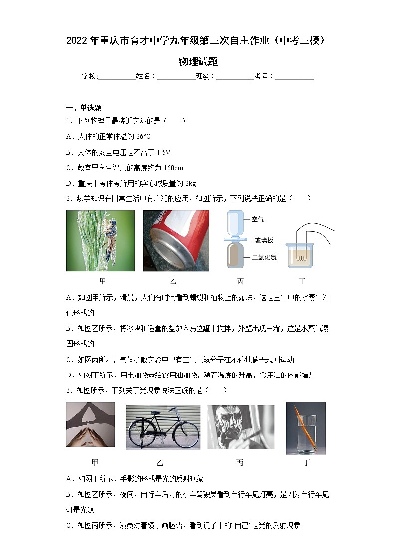 2022年重庆市育才中学九年级第三次自主作业（中考三模）物理试题第1页