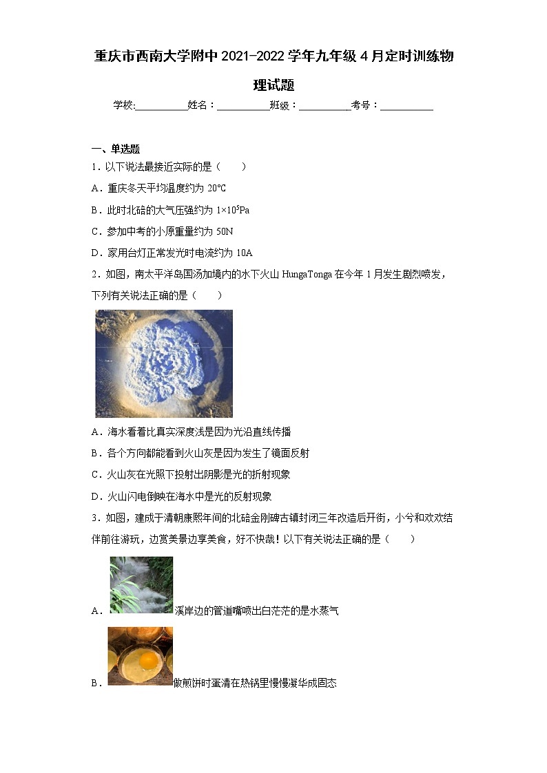 重庆市西南大学附中2021-2022学年九年级4月定时训练物理试题第1页