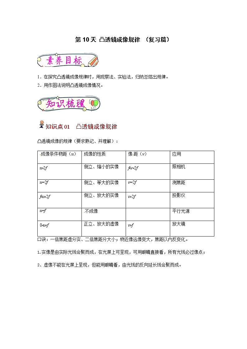 【寒假分层作业】2023年人教版物理八年级-第10天《凸透镜成像规律》寒假精品练习（含解析）01