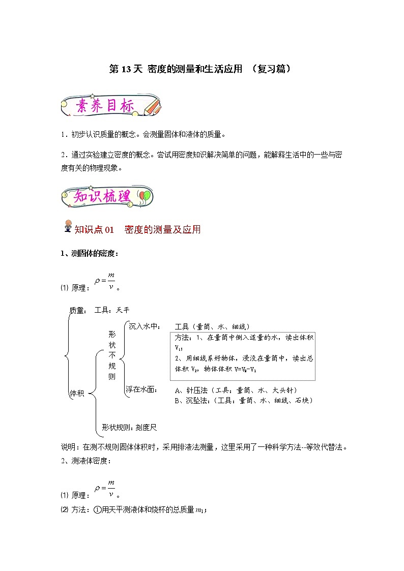 【寒假分层作业】2023年人教版物理八年级-第13天《密度的测量和生活应用》寒假精品练习（含解析）01