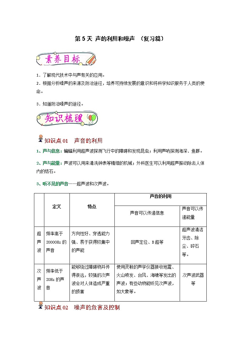 【寒假分层作业】2023年人教版物理八年级-第5天《声的利用和噪声》寒假精品练习（含解析）01