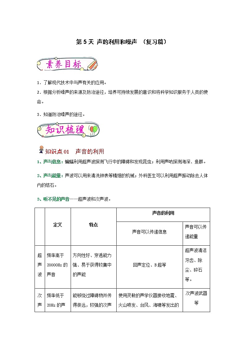 【寒假分层作业】2023年人教版物理八年级-第5天《声的利用和噪声》寒假精品练习（含解析）01