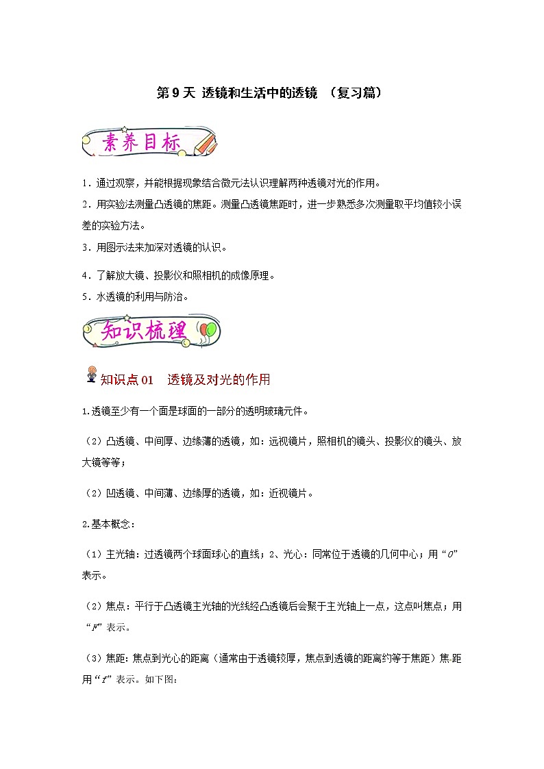 【寒假分层作业】2023年人教版物理八年级-第9天《透镜和生活中的透镜》寒假精品练习（含解析）01