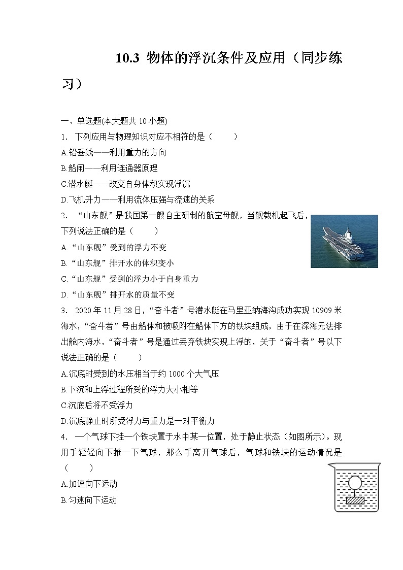 第十章  浮力    第三节  物体的浮沉条件及应用（同步练习）人教版八年级物理下册第1页