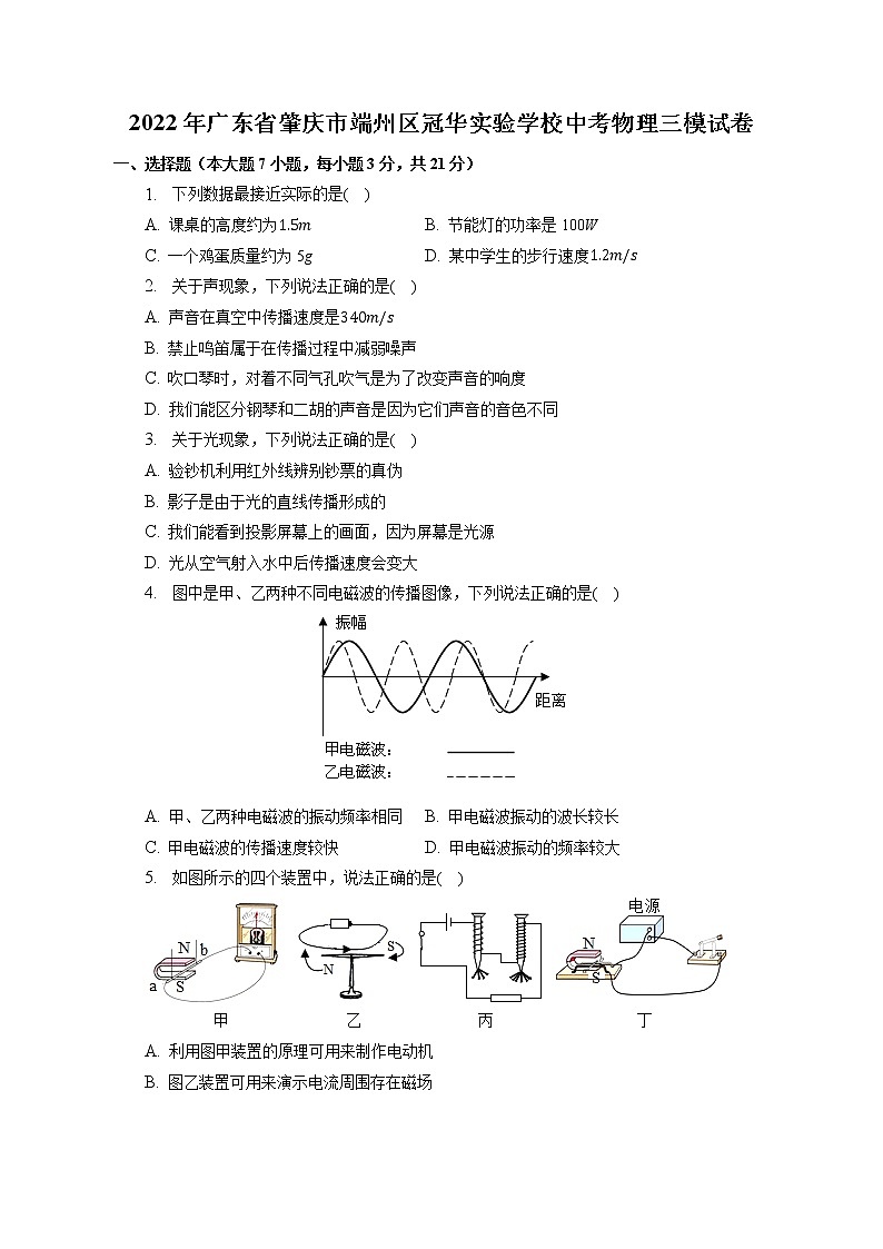 2022年广东省肇庆市端州区冠华实验学校中考物理三模试卷(含答案)01