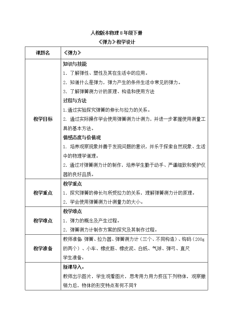 人教版物理8年级下册第七章第二节《弹力》课件+教案+同步练习01