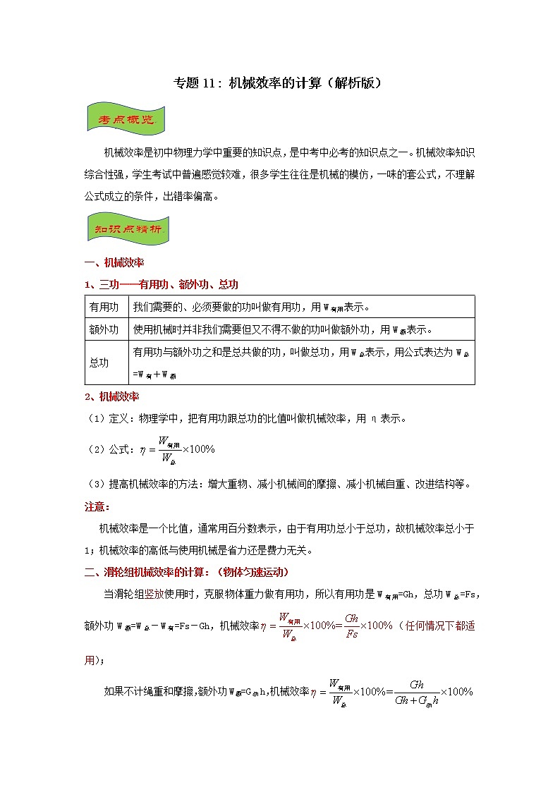 专题11 机械效率的计算-最新中考物理高频重难点考点专题解读与训练01