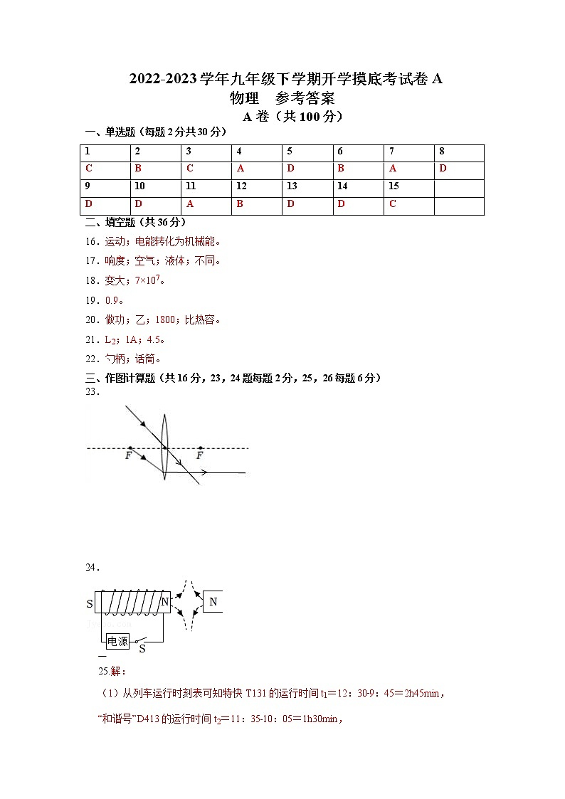 物理-2022-2023学年九年级下学期开学摸底考试卷A(成都专用)01