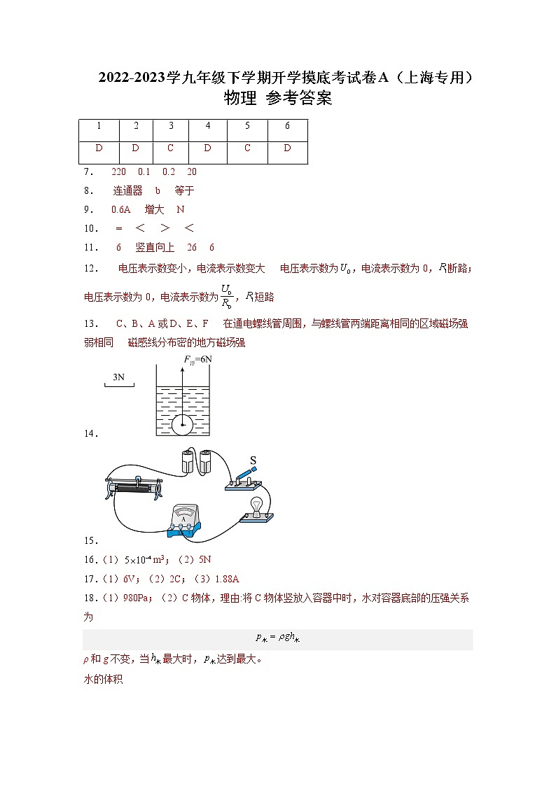 物理-2022-2023学年九年级下学期开学摸底考试卷A（上海专用）01