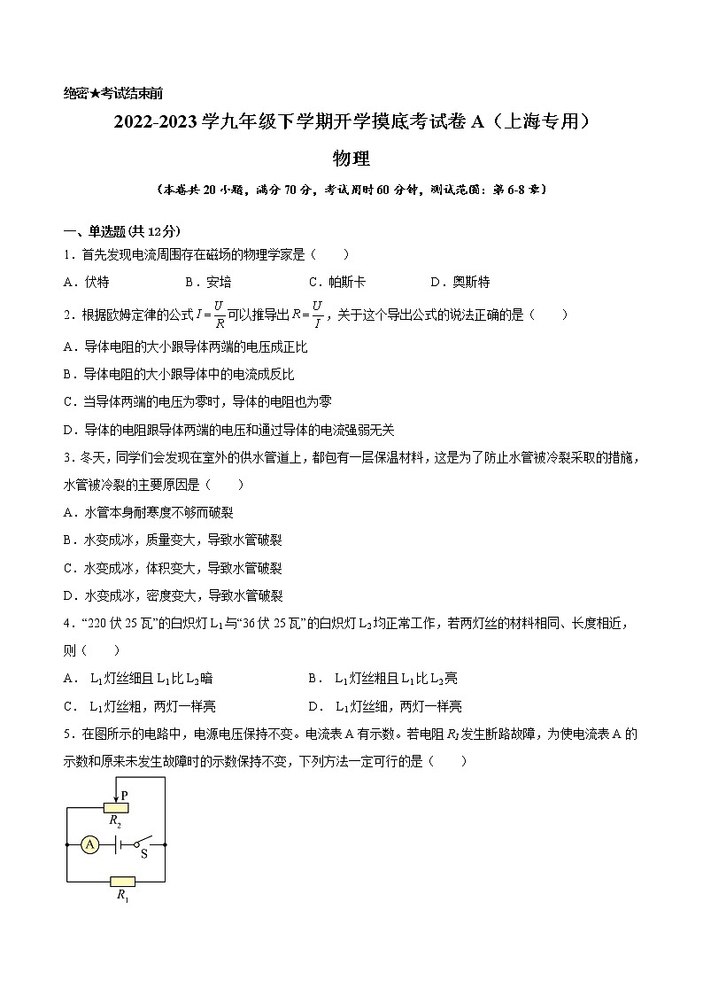 物理-2022-2023学年九年级下学期开学摸底考试卷A（上海专用）01