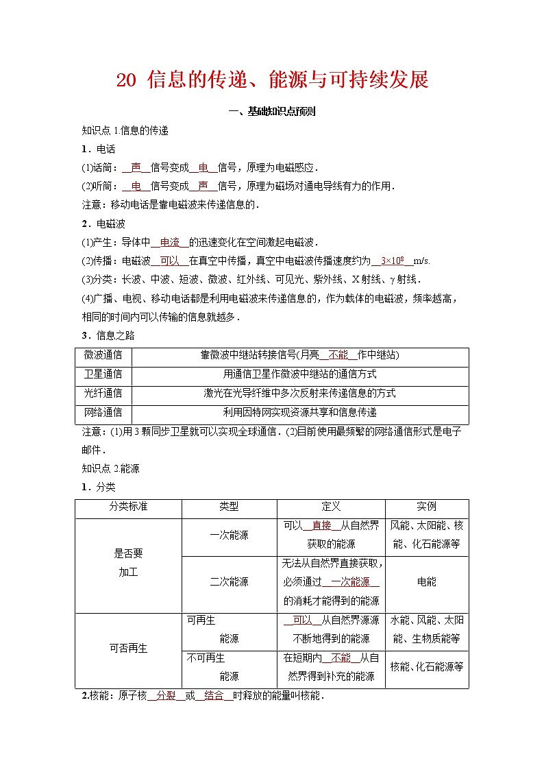预测20 信息的传递、能源与可持续发展-备战中考物理考点精讲与精练（人教版）（解析版）第1页
