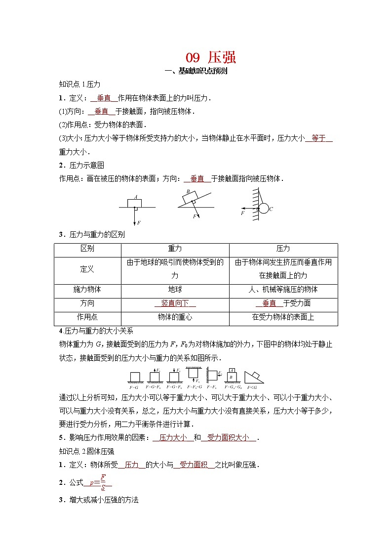 预测09 压强-备战2022年中考物理考点精讲与精练（人教版）01