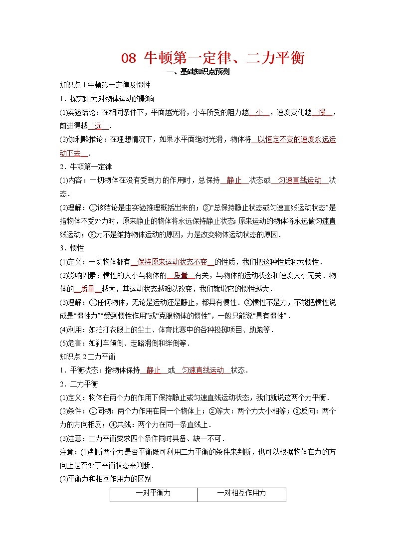 预测08 牛顿第一定律、二力平衡-备战中考物理考点精讲与精练（人教版）（解析版）第1页