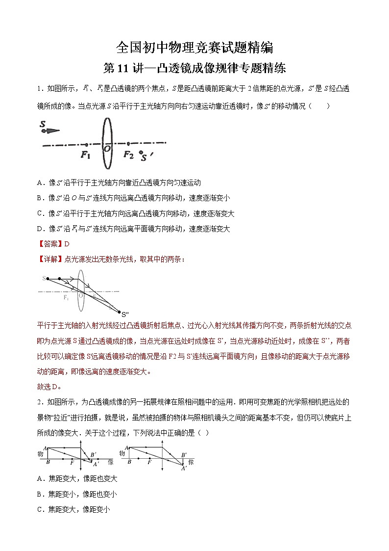 第11讲—凸透镜成像规律专题精练—全国初中物理竞赛试题精编（八年级上）（解析版）第1页