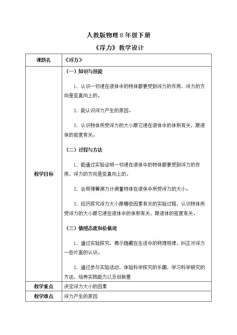 人教版物理8年级下册第十章第一节《浮力》课件+教案+同步练习01
