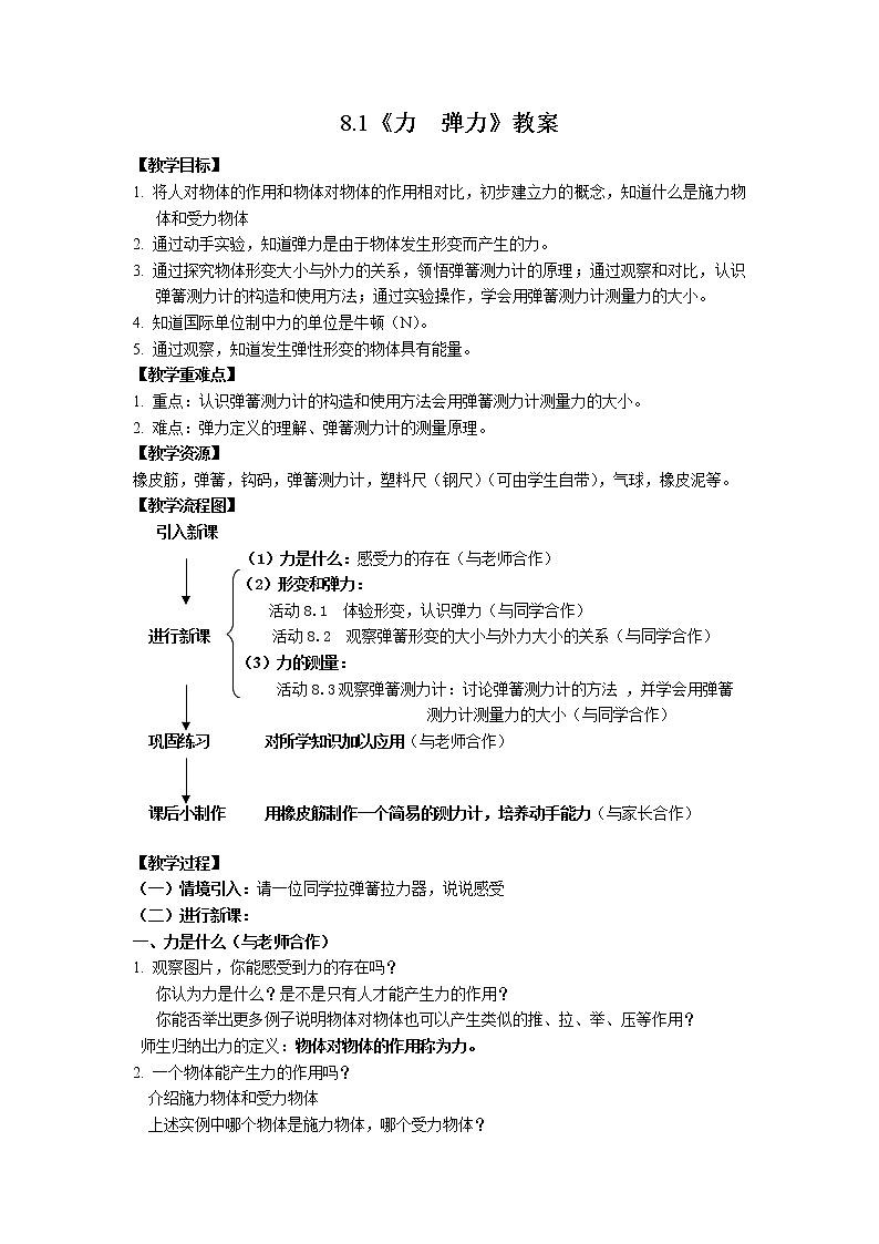 【同步练习】苏科版初二物理下册 第8章《力》8.1 力 弹力01