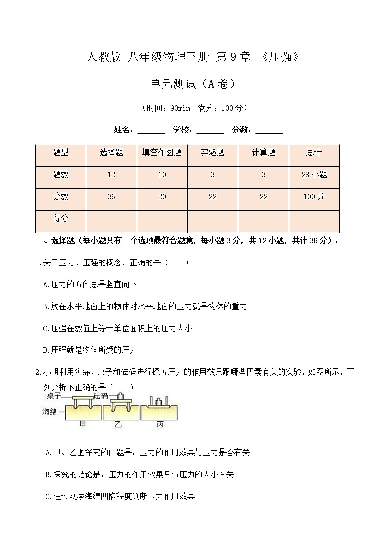 9.5 第9章《压强》单元测试（A卷）-八年级物理辅导讲义（人教版）01