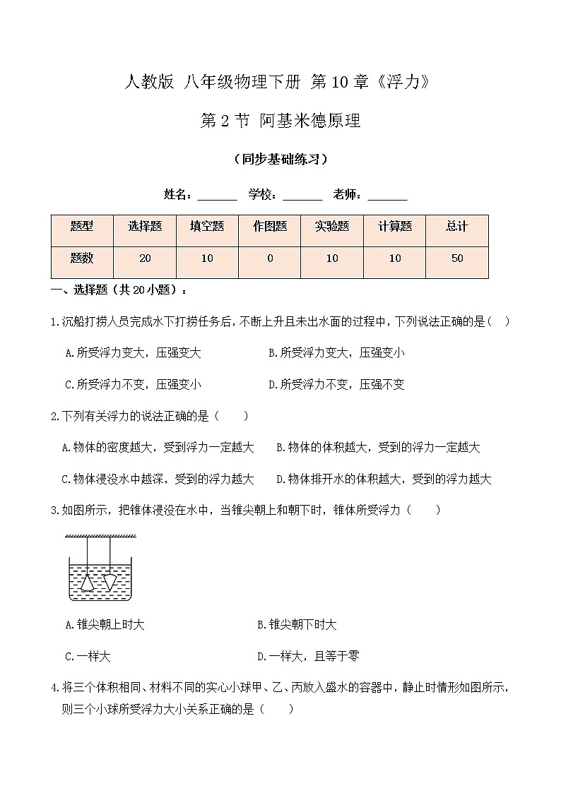 10.2阿基米德原理（同步基础练习）原卷版第1页