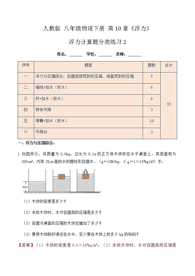 10.5 浮力计算题分类练习（练习2细线、杆、弹簧、加水、放水、升降台）-八年级物理辅导讲义（人教版）01