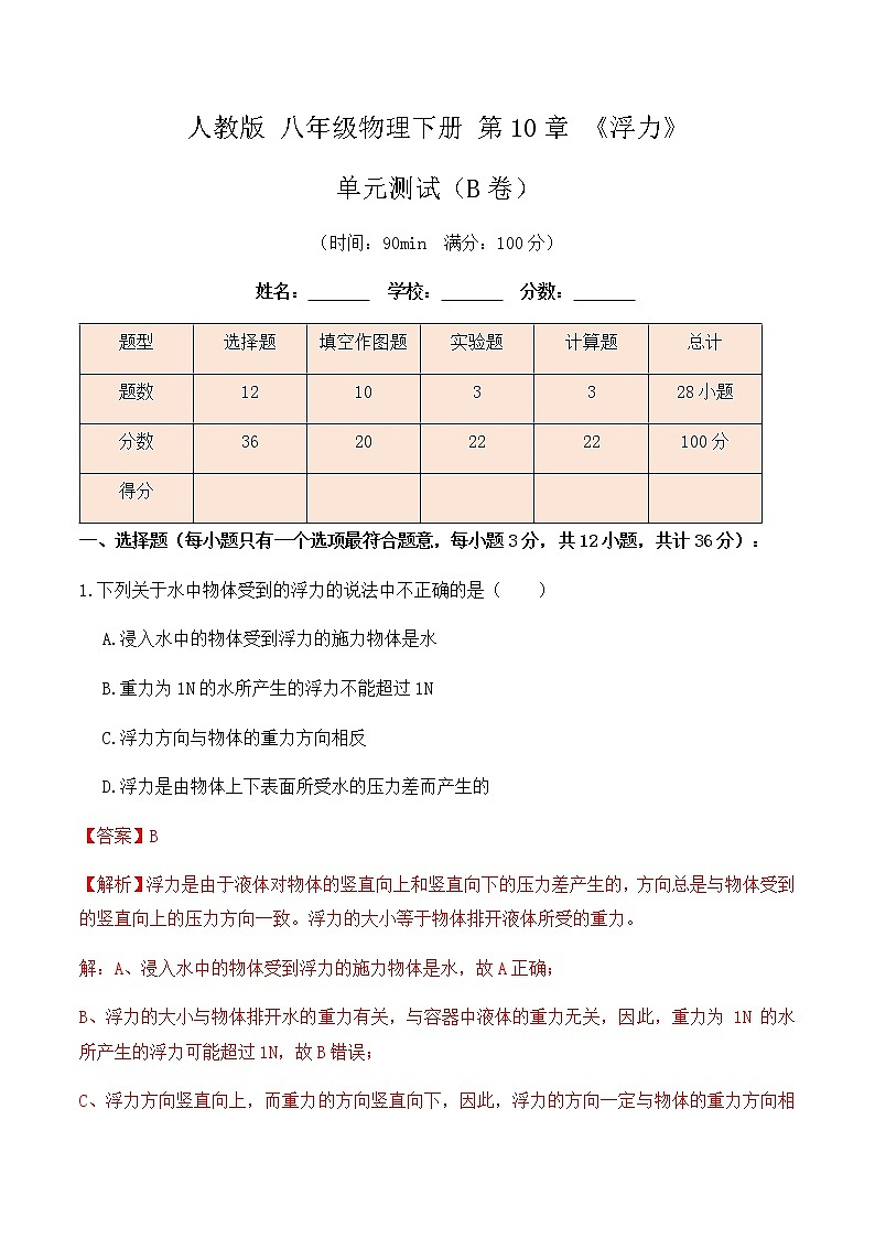 第10章《浮力》单元测试（B卷）-八年级物理辅导讲义（人教版）01