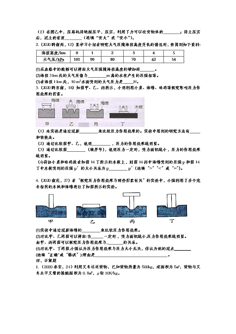 初中物理中考复习 2020年中考物理真题分类训练——压强03