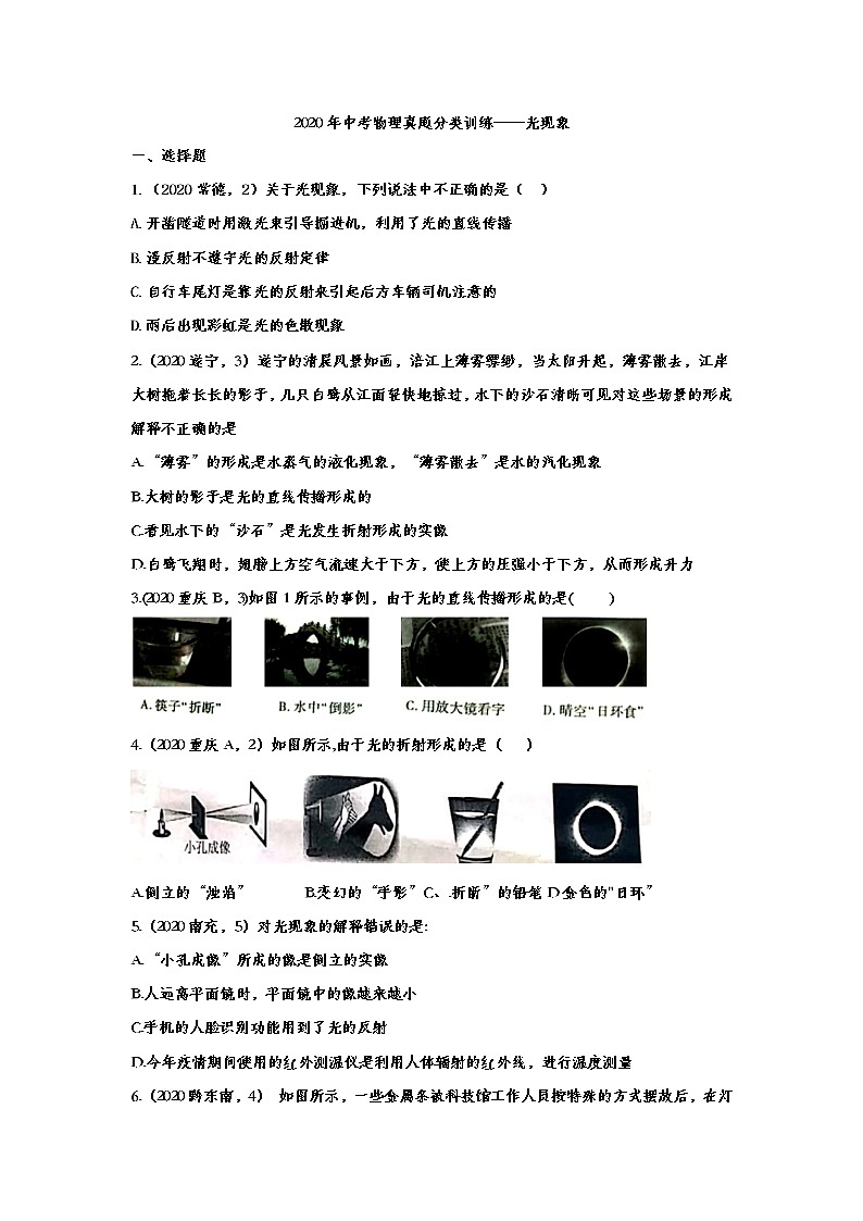 初中物理中考复习 2020年中考物理真题分类训练——光现象第1页