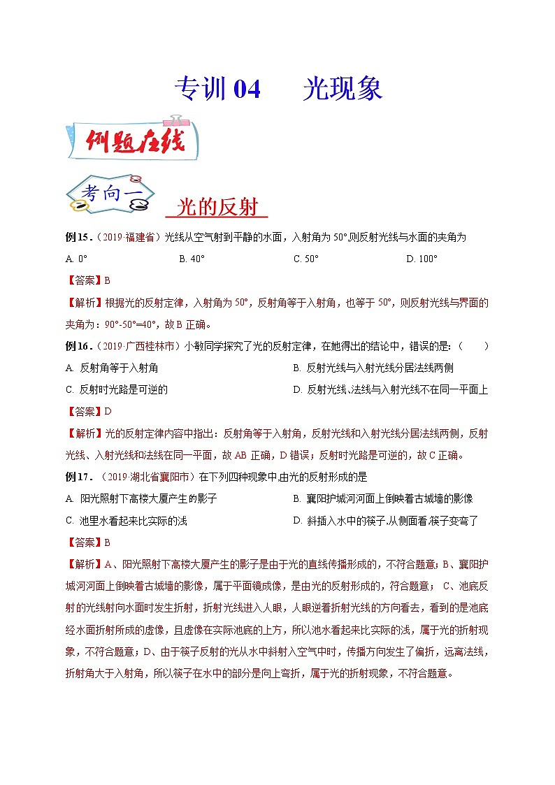初中物理中考复习 必刷04  光现象-备战2020年中考物理必刷选择题200例  （解析版）第1页