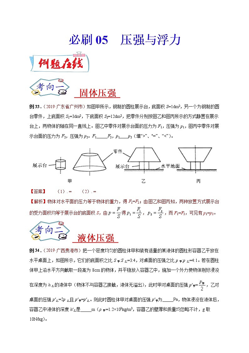 初中物理中考复习 必刷05  压强与浮力-备战2020年中考物理必刷填空、作图及科普阅读题60例（解析版）01