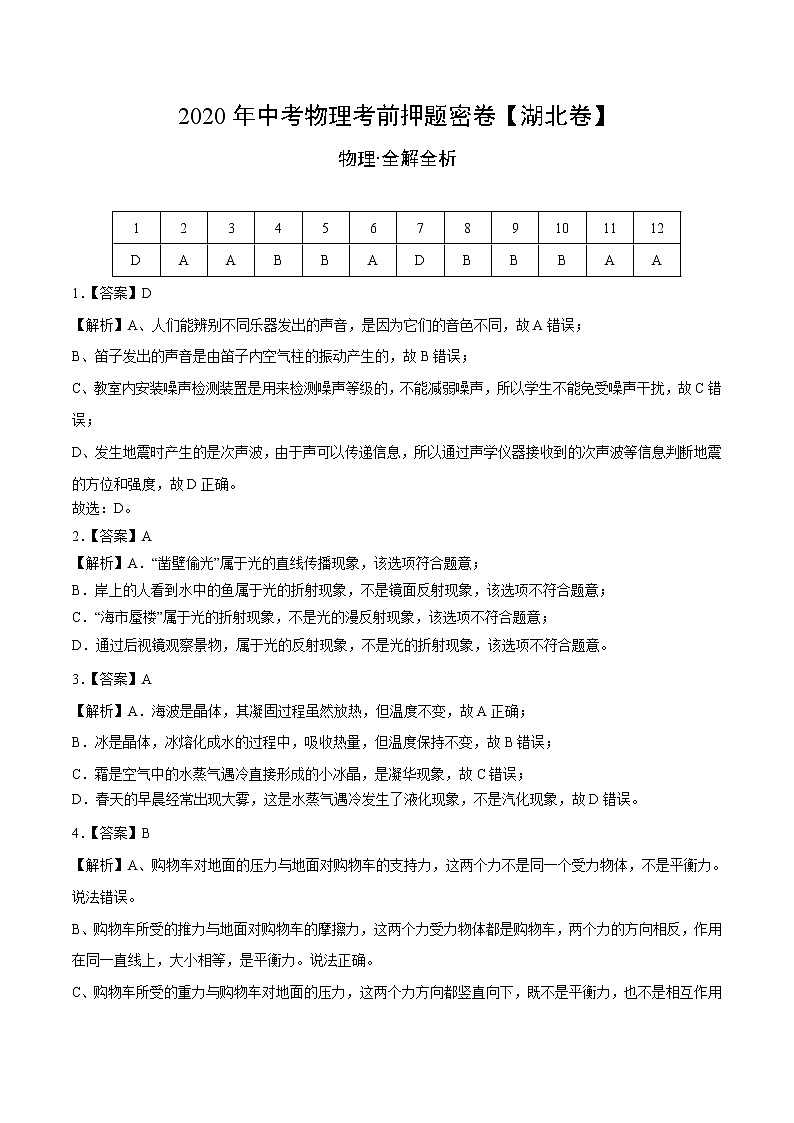 初中物理中考复习 湖北-2020年中考物理考前押题密卷（全解全析）01