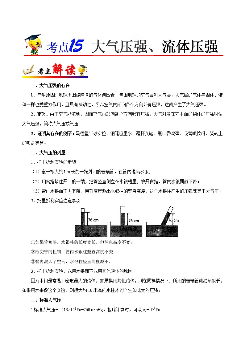 初中物理中考复习 考点15 大气压强、流体压强-备战2019年中考物理考点一遍过第1页