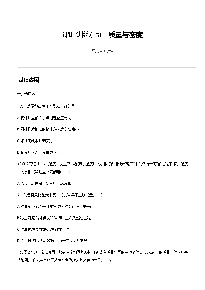 初中物理中考复习 课时训练07 质量与密度01