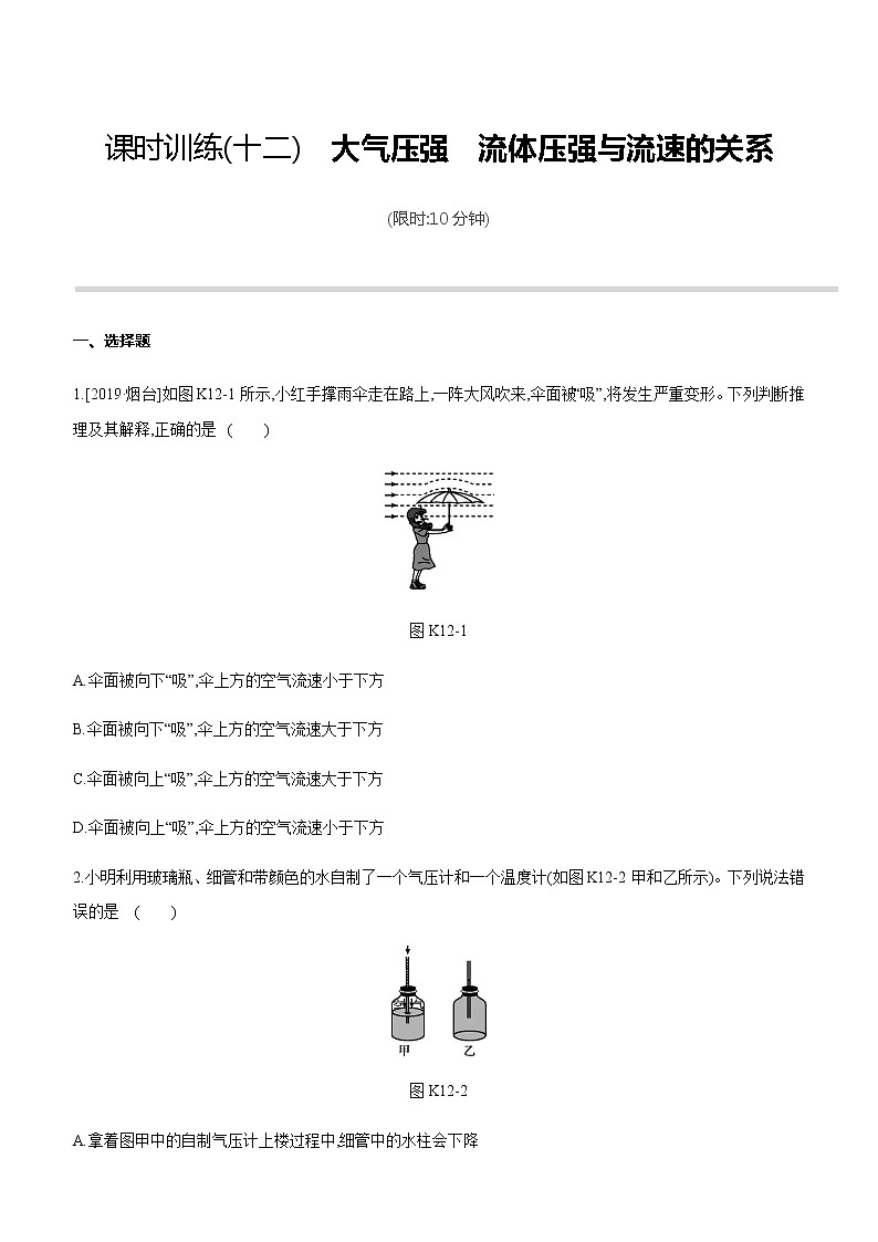 初中物理中考复习 课时训练12 大气压强　流体压强与流速的关系01