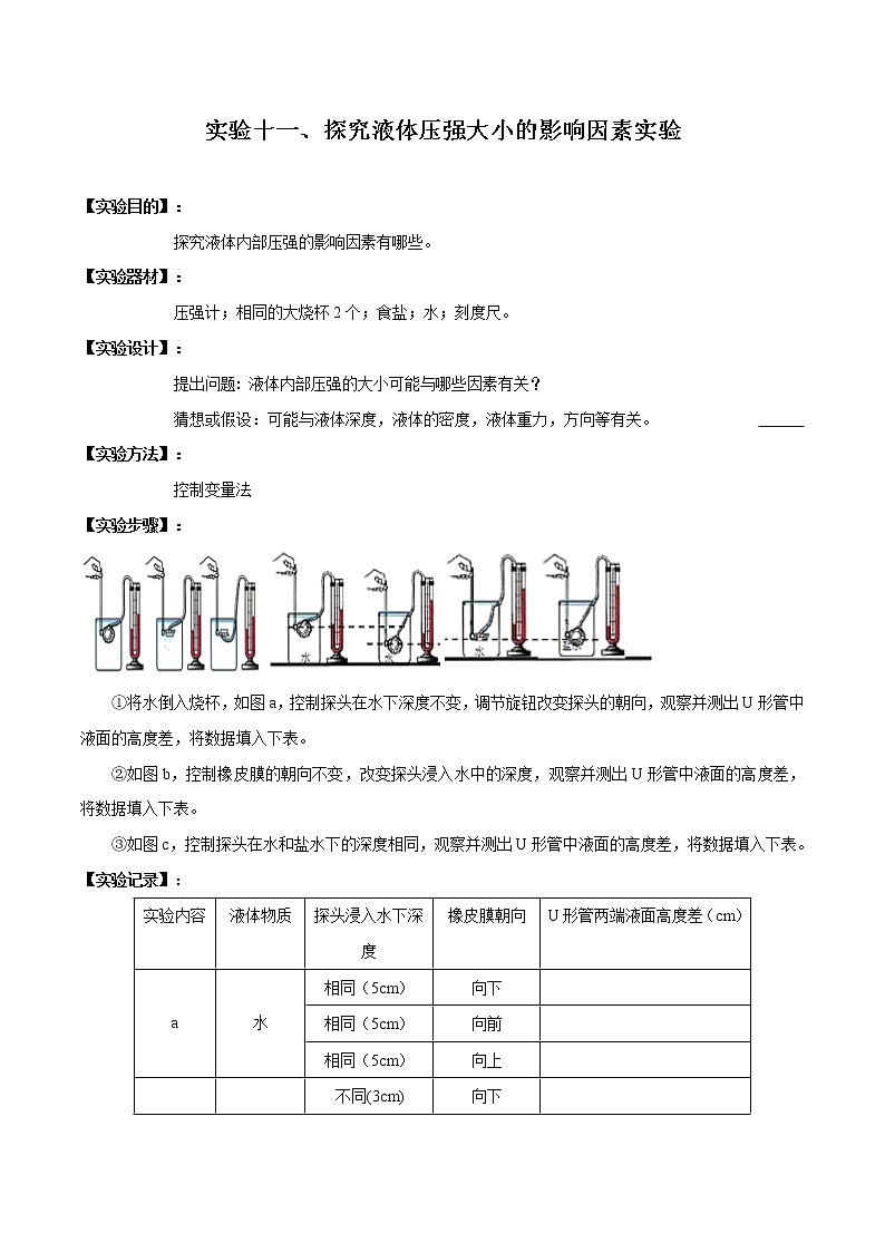 初中物理中考复习 实验11 探究液体压强大小的影响因素实验（原卷版）第1页