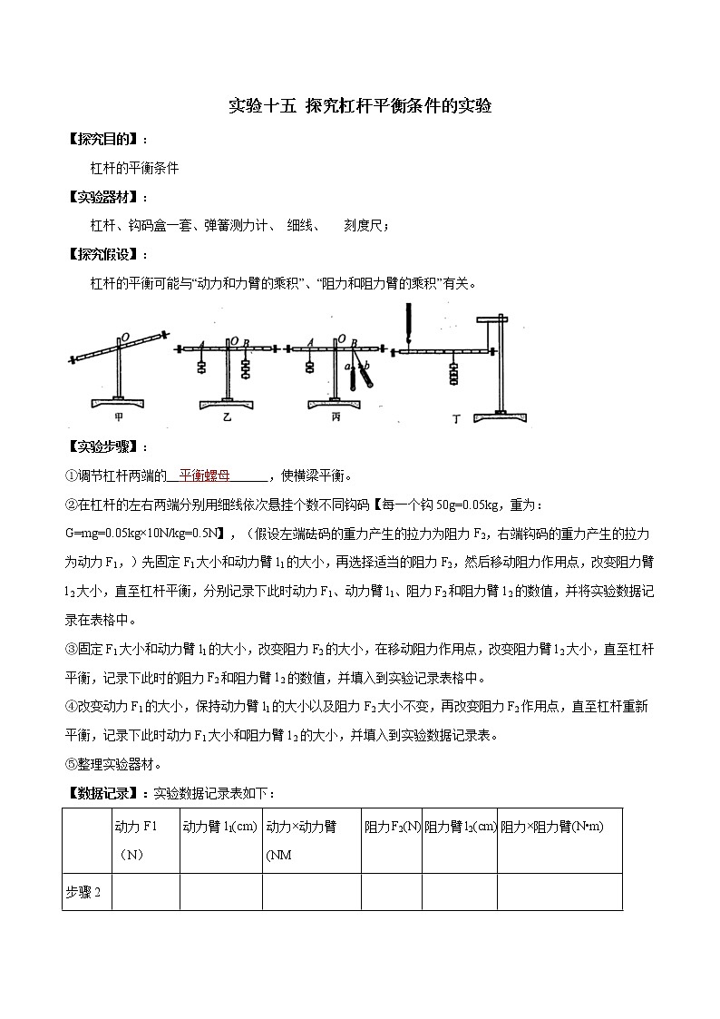 初中物理中考复习 实验15 探究杠杆平衡条件的实验（解析版） 试卷01