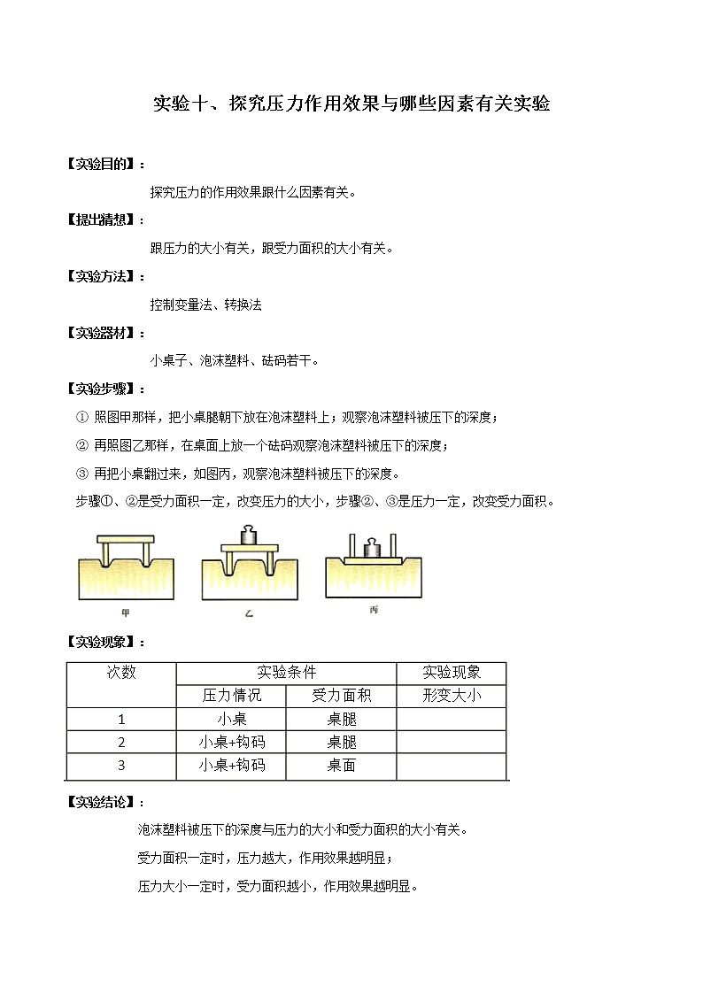 初中物理中考复习 实验10 探究压力作用效果的影响因素实验（解析版）第1页