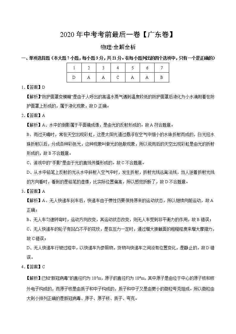 初中物理中考复习 物理-（广东卷）2020年中考考前最后一卷（全解全析）第1页