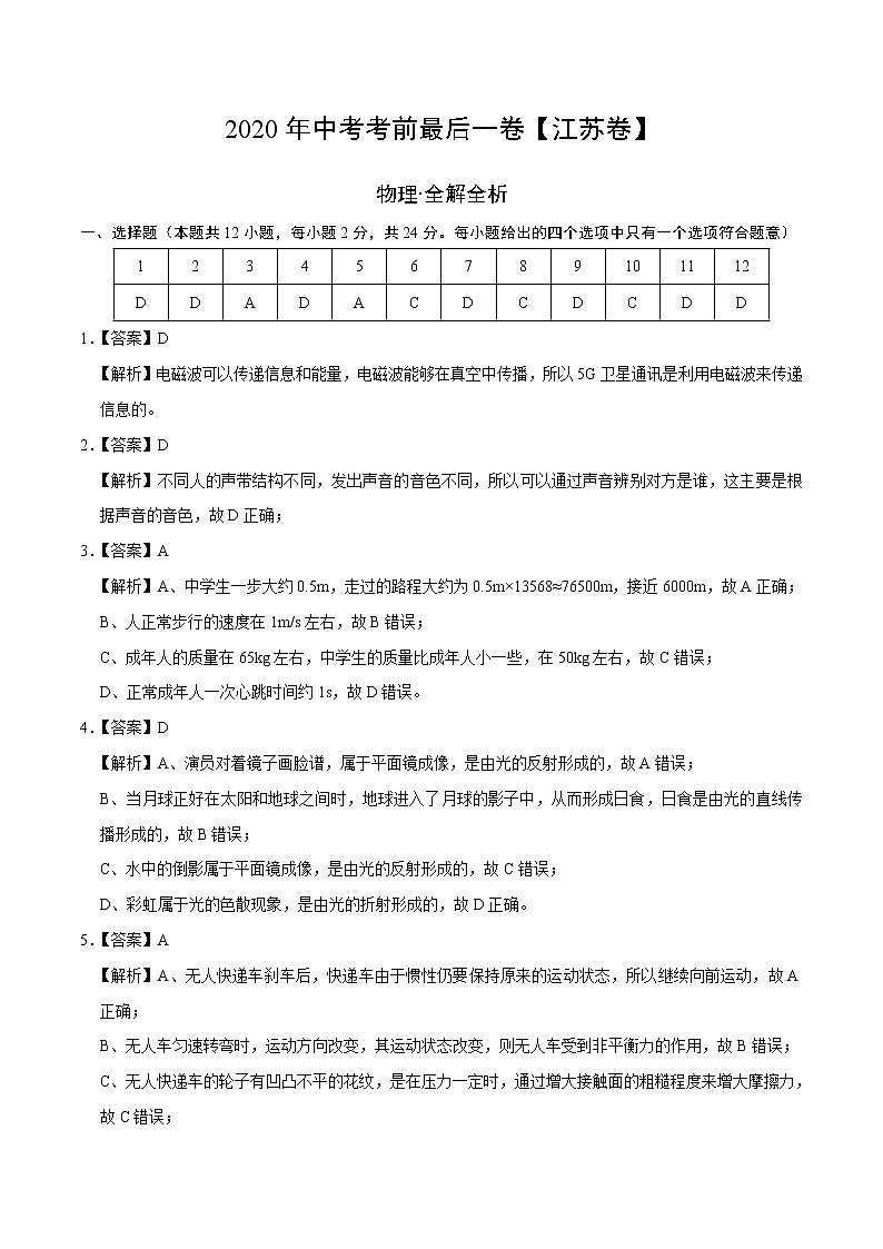 初中物理中考复习 物理-（江苏卷）2020年中考考前最后一卷（全解全析）01
